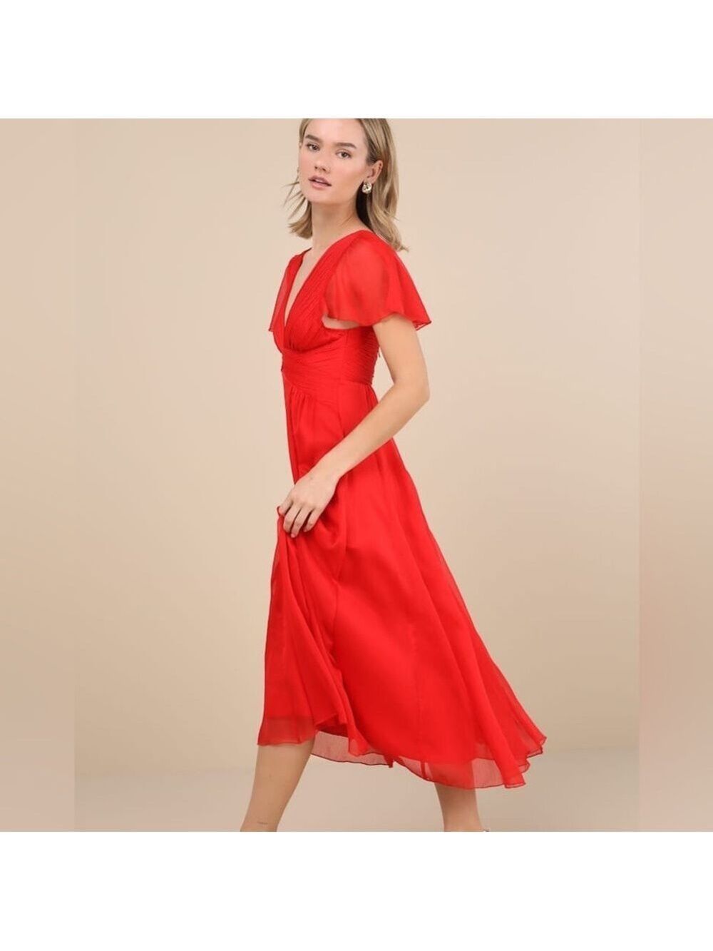 Lulus Red Chiffon Midi Dress XS NWT/Flutter Sleeves, V-Neck, Wedding Guest Ready - Picture 2 of 8